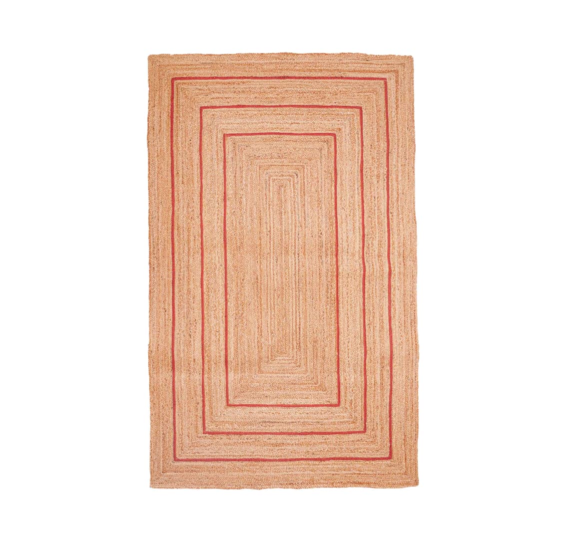 Hand Braided Rectangle Jute Rug Beige With Triple Line Red Border
