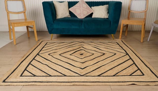 Hand Braided Rectangle Jute Rug Beige with Black Dimond Design 