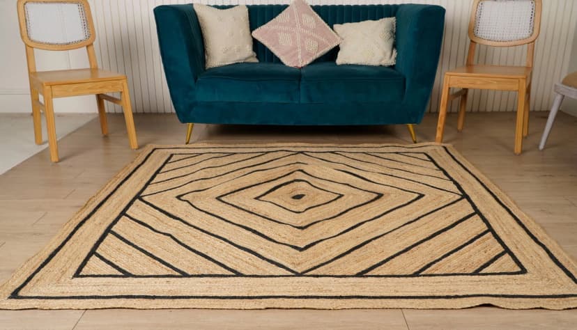 Hand Braided Rectangle Jute Rug Beige with Black Dimond Design 