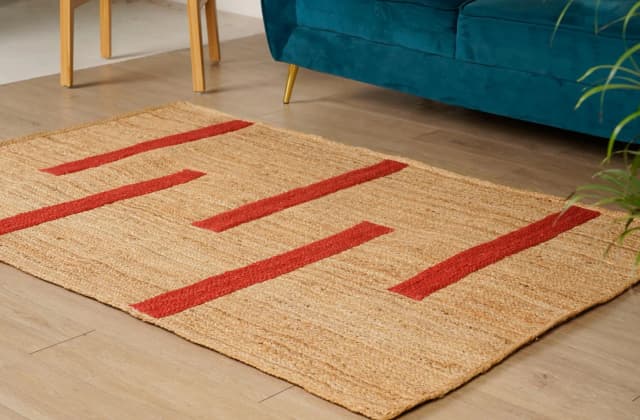 Natural Jute Handmade Beige with Red Stripes Line Jute Braided Rectangle Rug