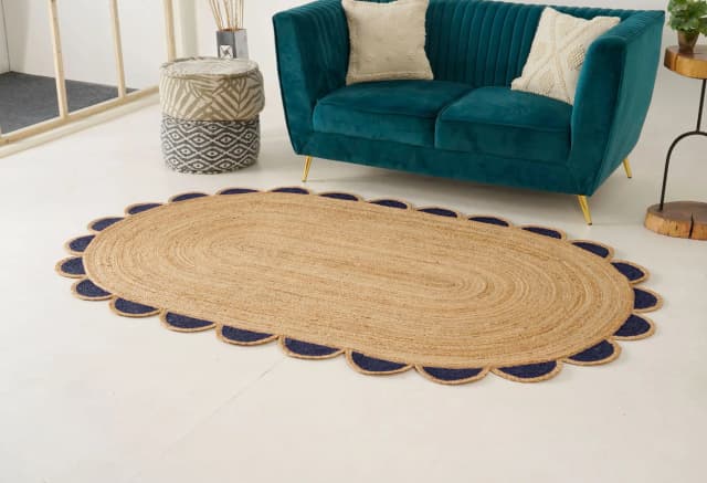 Eco Friendly Braided Scalloped Oval Jute Rug Beige With Multicolor Boder 