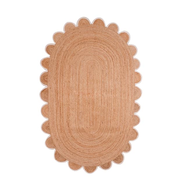 Home Decor Hand Braided Scallop Oval Jute Rug Beige with Multicolor Border