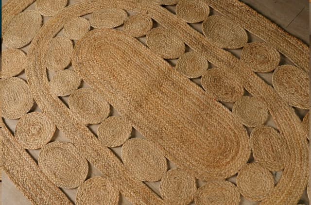 Natural Jute Braided Handmade Bohemian Eco Friendly Oval Scalloped Rug 