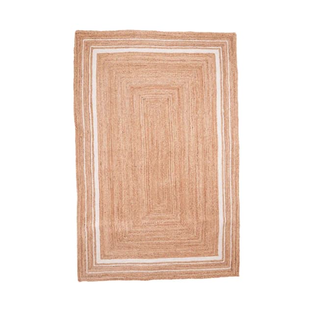 Hand Braided Rectangle Jute Rug With White Triple Line Border 