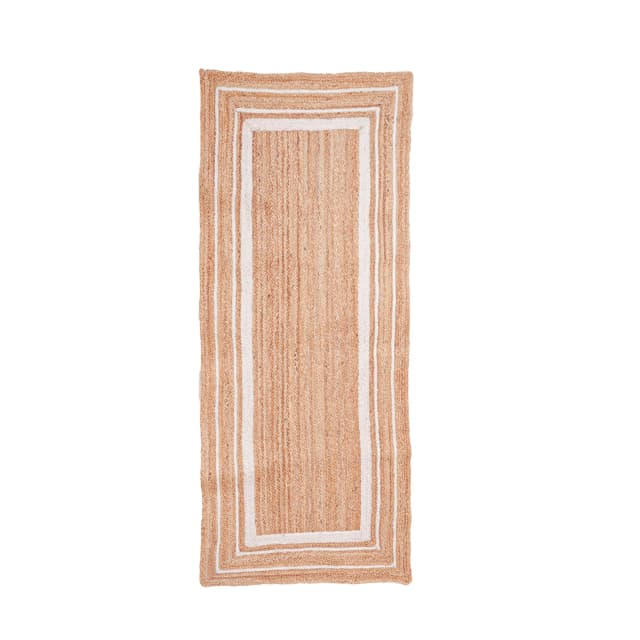 Hand Braided Beige Runner Jute Rug With White Triple Line Border 