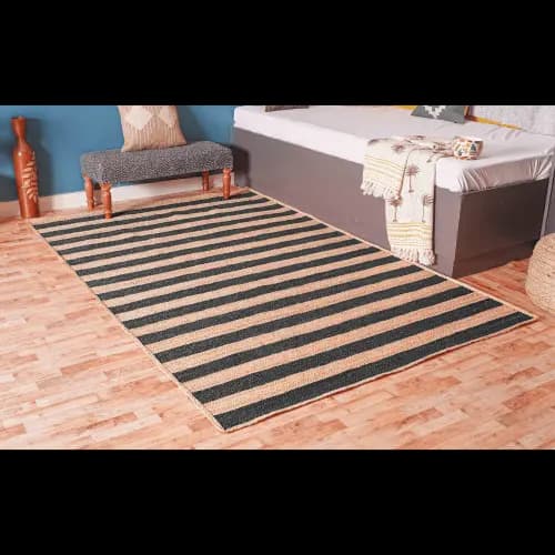 Natural Hand Braided Beige Jute Rug With Black Striped Line Rug 