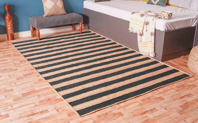 Natural Hand Braided Beige Jute Rug With Black Striped Line Rug 