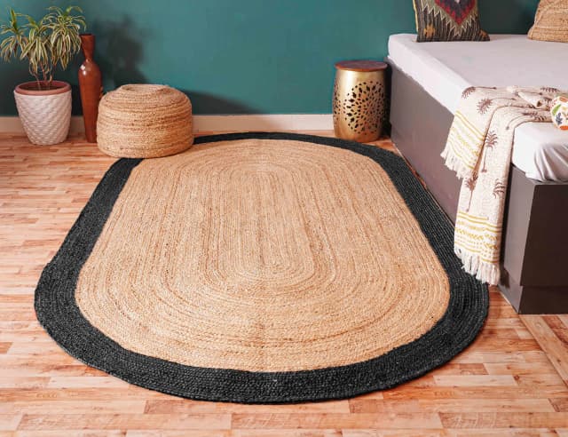 Natural Beige Oval Jute Rug With Black Border Jute Area Rug 