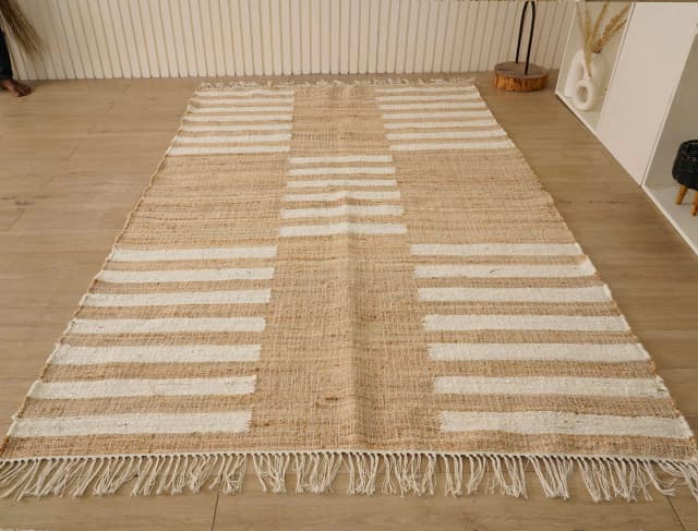 Beige With White Stripes Design Bohemian Boho Moroccan Rug Fringes Jute Rug Hand Woven Bohemian Decor Rug