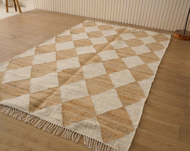 Handwoven Juna Rug, Nordic Scandi Rug in Beige and White Diamond Box Design, Large Area Rug For Living Room