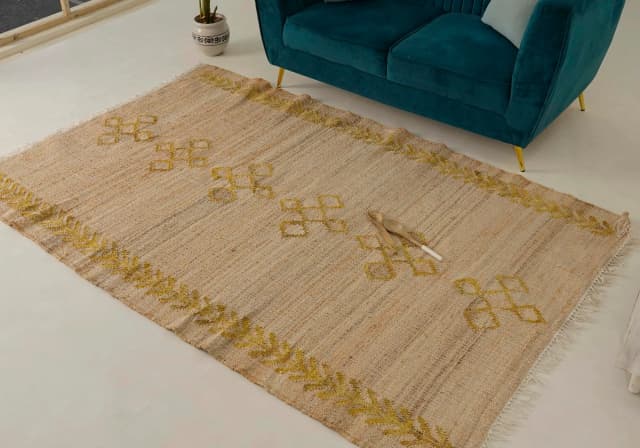 Natural Jute Fiber Cotton Hand Woven Bohemian Moroccan Inspired Rug, Nordic Scandi Rug For Guestroom Decor Rug