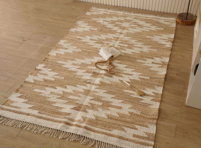 Beige Cotton Juna Rug With White Design Rug White Fringes Jute Rug Bohemian Vintage Large Area Rug For Dining Room Decor Rug 