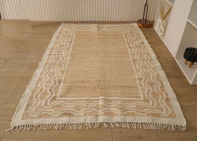 Natural Jute Handwoven Cotton Juna Rug Vintage Large Area Rug Home Decor Rug White Pattern Rug Juna Dhurrie With White Fringes Rug Decor Area Rug 