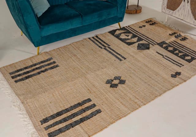 Bohemian Vintage Handwoven Cotton Jute Rug Natural Beige Jute Rug With Black Design Jute Rug Decorative Area Rug White Fringes Jute Rug Large Dhurrie Rug