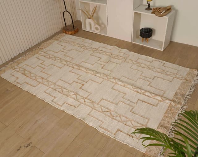 White Rug and Beige Design Hand Woven Moroccan Inspired Bohemian Jute and Cotton Rug Vintage Large Area Jute Rug For Living Room Decor Rug White Fringes Jute Rug 