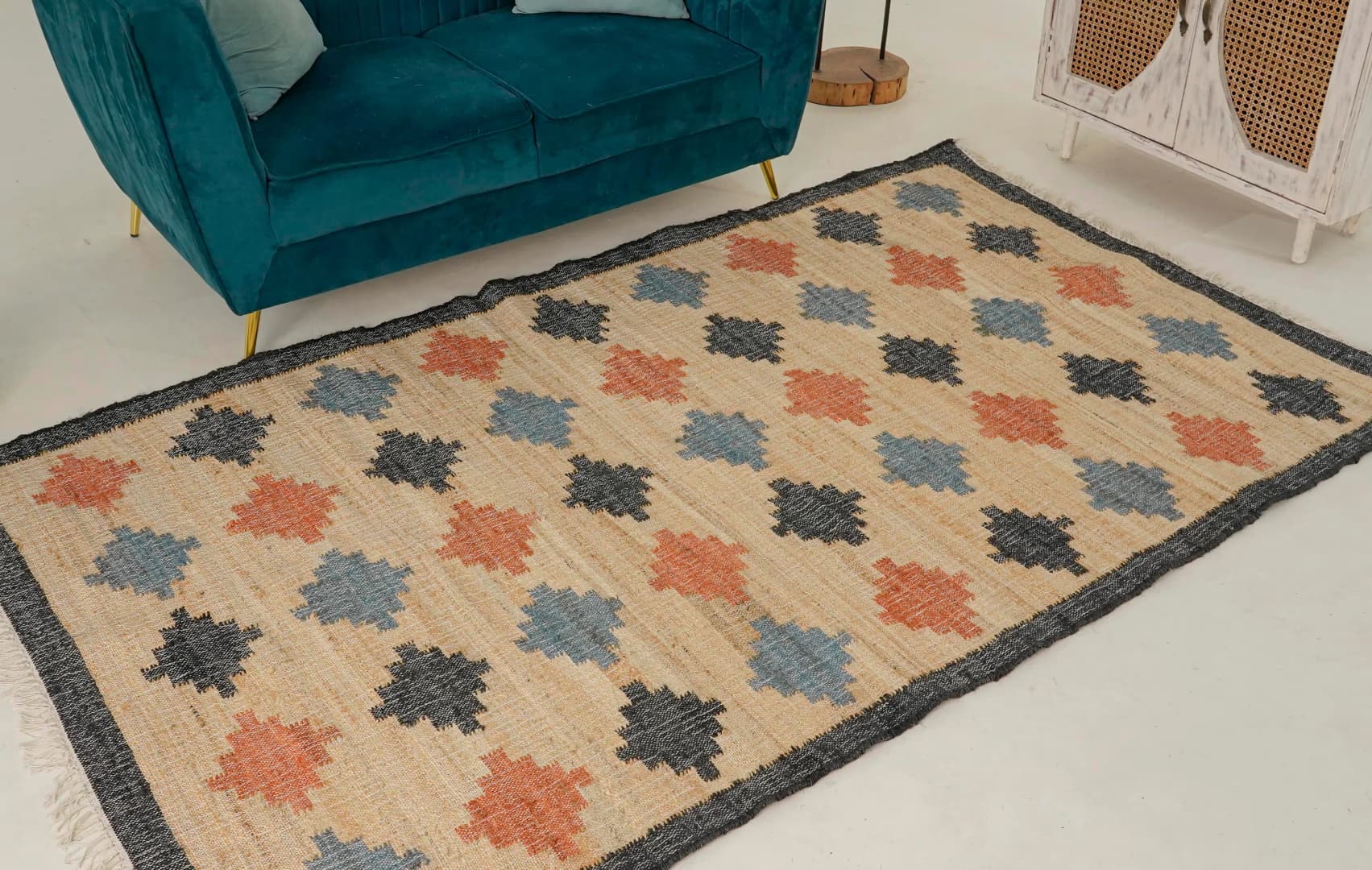 Bohemian Vintage Cotton Jute Rug Natural Jute Rug Handmade Jute Cotton Rug For Living Room Decor Rug and White Fringes Jute Rug 