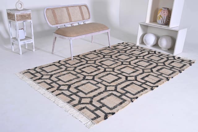 Indian Handmade Cotton Jute Large Area Rug Natural Jute Rug With Black Design Rug Handwoven Jute Rug Vintage Jute Dhurrie Rug White Fringes Jute Rug Decor Jute Rug 