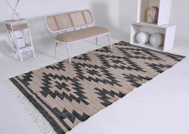 Cotton Jute Handmade Large Area Rug Beige Jute Rug With Black Design Rug Handwoven Bohemian Decor Inspired Boho Scandinavian Decor Rug Entryway Jute Rug 