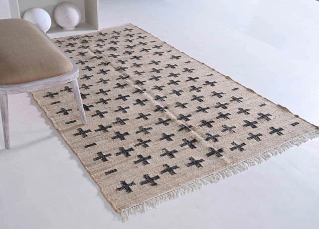 Natural Jute Fiber and Cotton With Black Plus Design Hand Woven Bohemian Moroccan Inspired Rug Vintage Jute Large Area Rug For Living Kitchen and Dining Table Decor Rug 