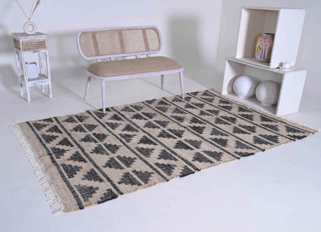 Natural Cotton Jute Moroccan Inspired Rug With Black Design Hand Woven Bohemian Decor Rug White Fringes Jute Rug Entryway Jute Rug and Dining Table Rug 