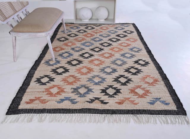 Indian Handwoven Colorful Cotton Jute Large Area Rug Rectangle Shape Rug Boho Decor Rug White Fringes Jute Rug Designing Decor Jute Dhurrie Rug For Living Home