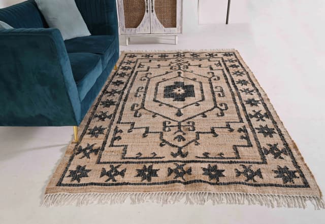 Natural Handmade Cotton jute Rug With Black Design Rug Rectangle Shape Jute Carpet For Living Home Decor Rug And White Fringes Jute Rug Bohemian Decorative Rug 