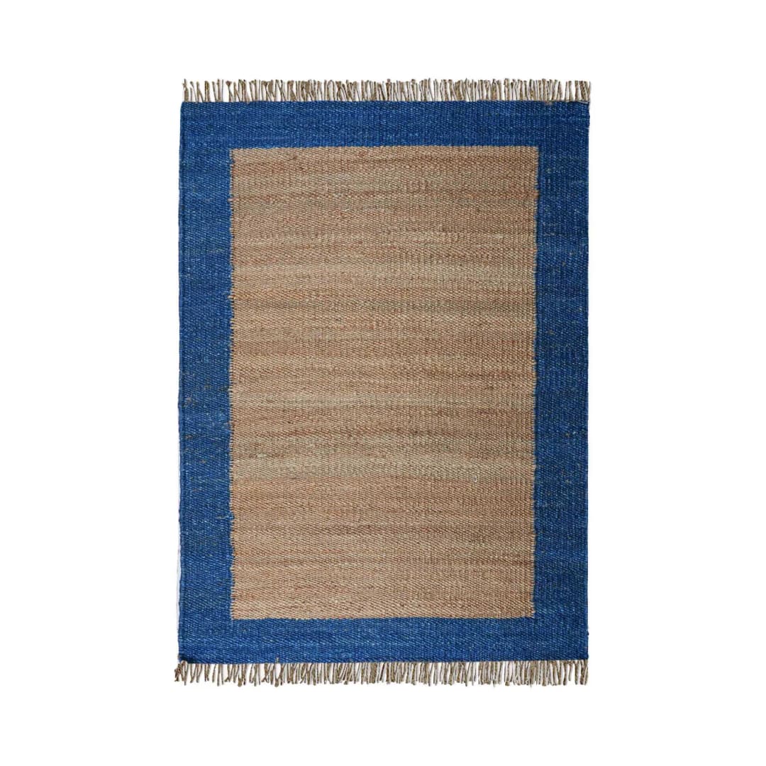 Indian Handwoven Natural Hemp Jute Rug With Blue Border Design Rug For Decorative Home And Dining Table Large Dhurrie Rug Fringes Jute Rug Vintage Jute Rug 