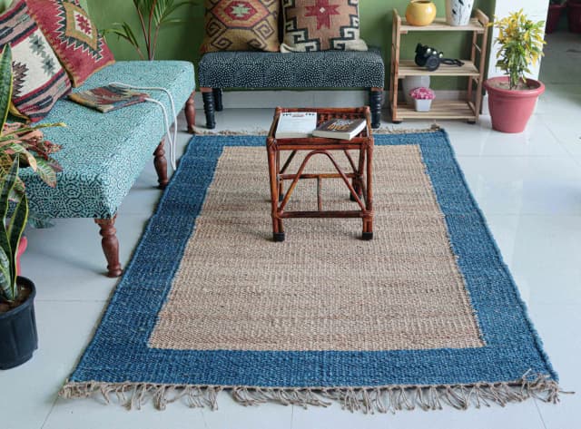 Indian Handwoven Natural Hemp Jute Rug With Blue Border Design Rug For Decorative Home And Dining Table Large Dhurrie Rug Fringes Jute Rug Vintage Jute Rug 