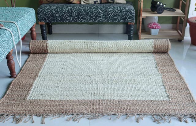 Off White Hemp Jute Rug With Beige Border Jute Rug And Natural Fringes Jute Rug For Living Decorative Jute Area Rug Vintage Large Rug Bohemian Jute Rug Handwoven Hemp Rug 