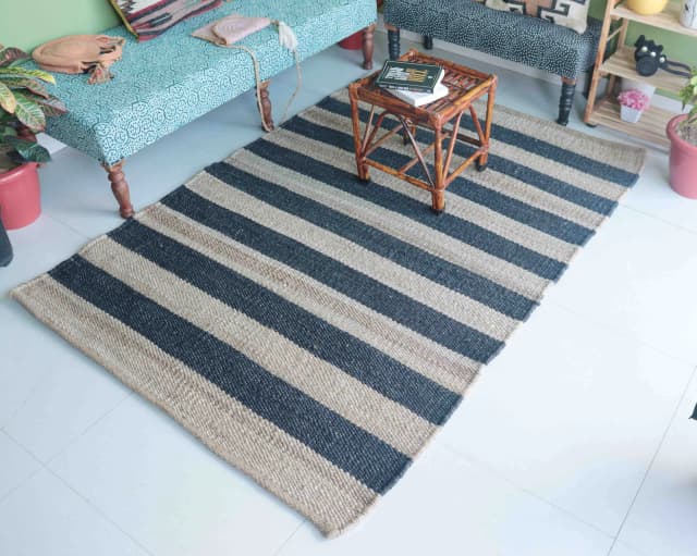 Eco Friendly Handwoven Natural Jute Hemp Rectangle Rug With Black Stripes Stair Decor Hemp Rug For Living Room Decor Boho Decor Hemp Rug Large Area Hemp Dhurrie Rug 