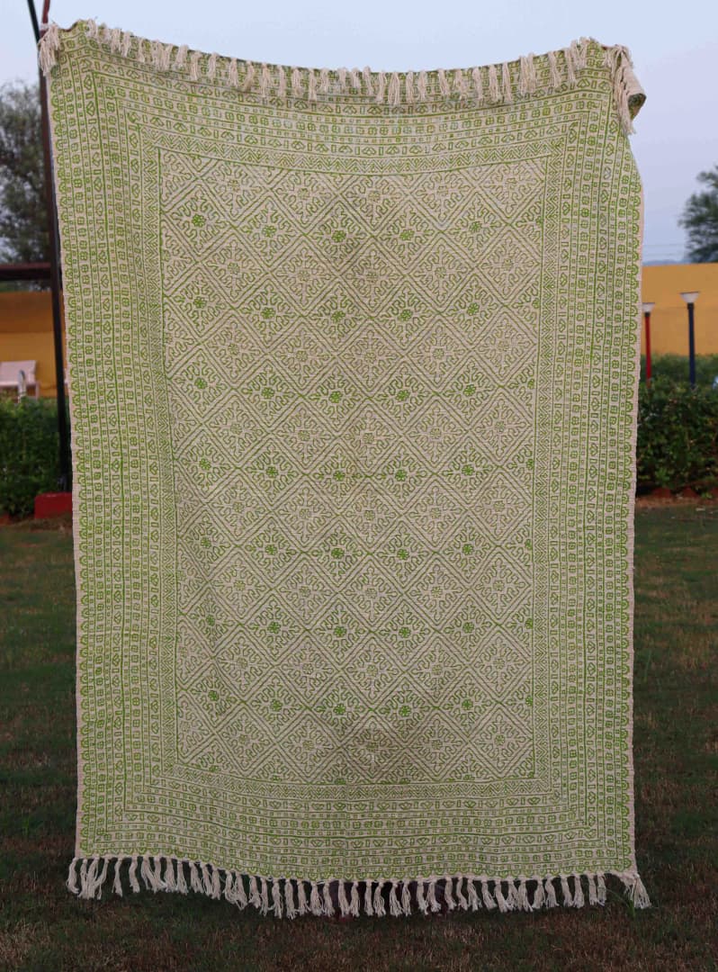 White with Green Print Luxurious Handmade Indian Cotton Throw Blanket with Tassels Floral Block Print Bohemian Bed Cover and Sofa Throw Cover For Decor Room 