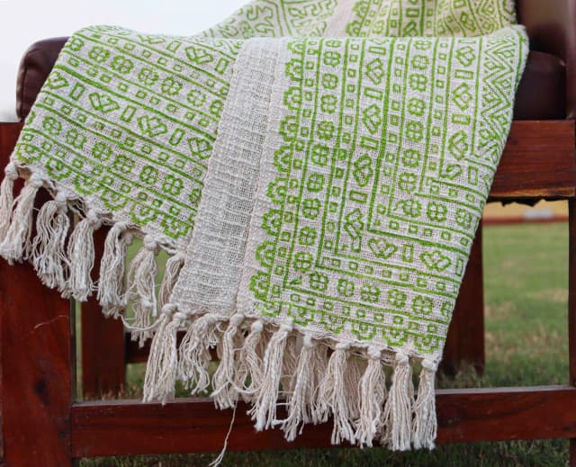 White with Green Print Luxurious Handmade Indian Cotton Throw Blanket with Tassels Floral Block Print Bohemian Bed Cover and Sofa Throw Cover For Decor Room 