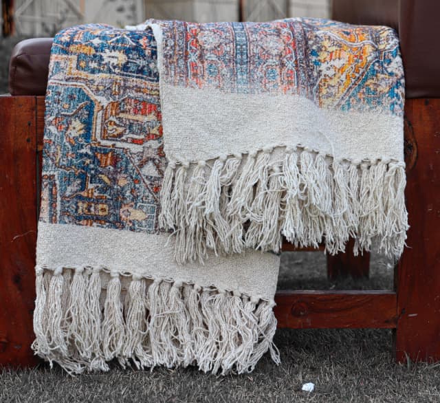 Indian Handmade Throw Blanket Bohemian Cloth Bed Cover With Tassels Hand-Loomed Block Print Cotton Sofa Throw Soft Cotton Throw For Living Decorative Blanket 
