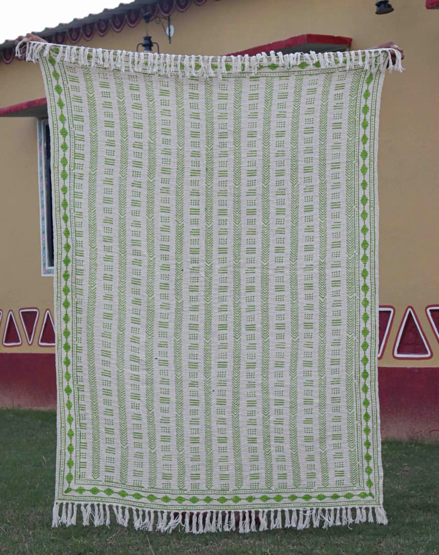 White Handmade Cotton Jute Rug With Green Design Throw Blanket And White Fringes Blanket Vintage Home Decor Blanket Boho Ethnic Beach Towel Hand Block Printed Throws
