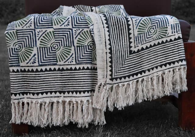 White Soft Cotton Throw Blanket With Black Design Throws And White Fringes Cotton Throw Blanket For Living Room Decor Sofa Cover Handloom Block Printed Throws