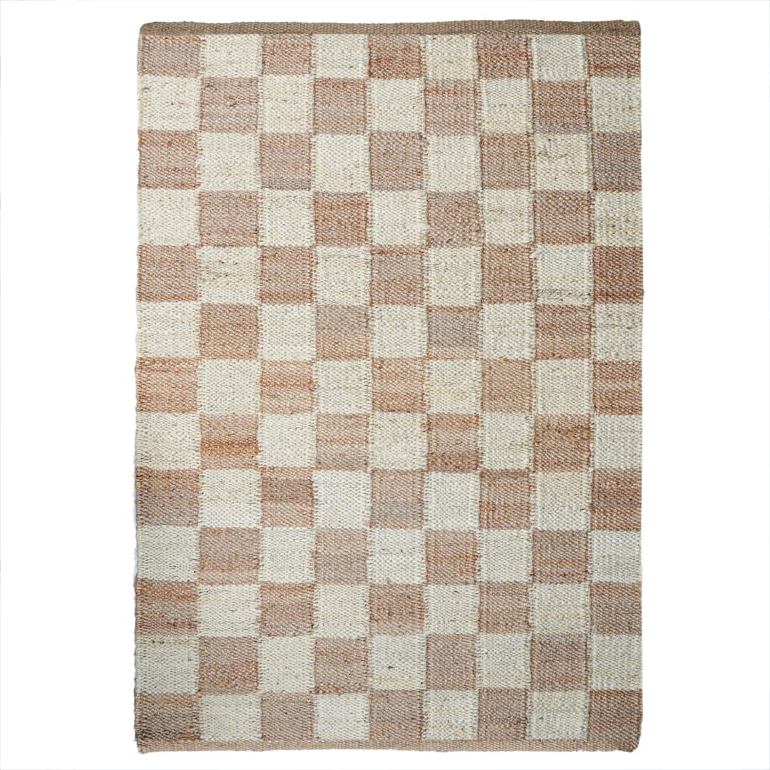 Indian Handwoven Hemp Rectangle Doormat Runner Rug Artisan Hemp Jute Rug for Your Home, Handwoven Hemp Jute Rug Beige With White Boxes Design For Home Decor Rug  