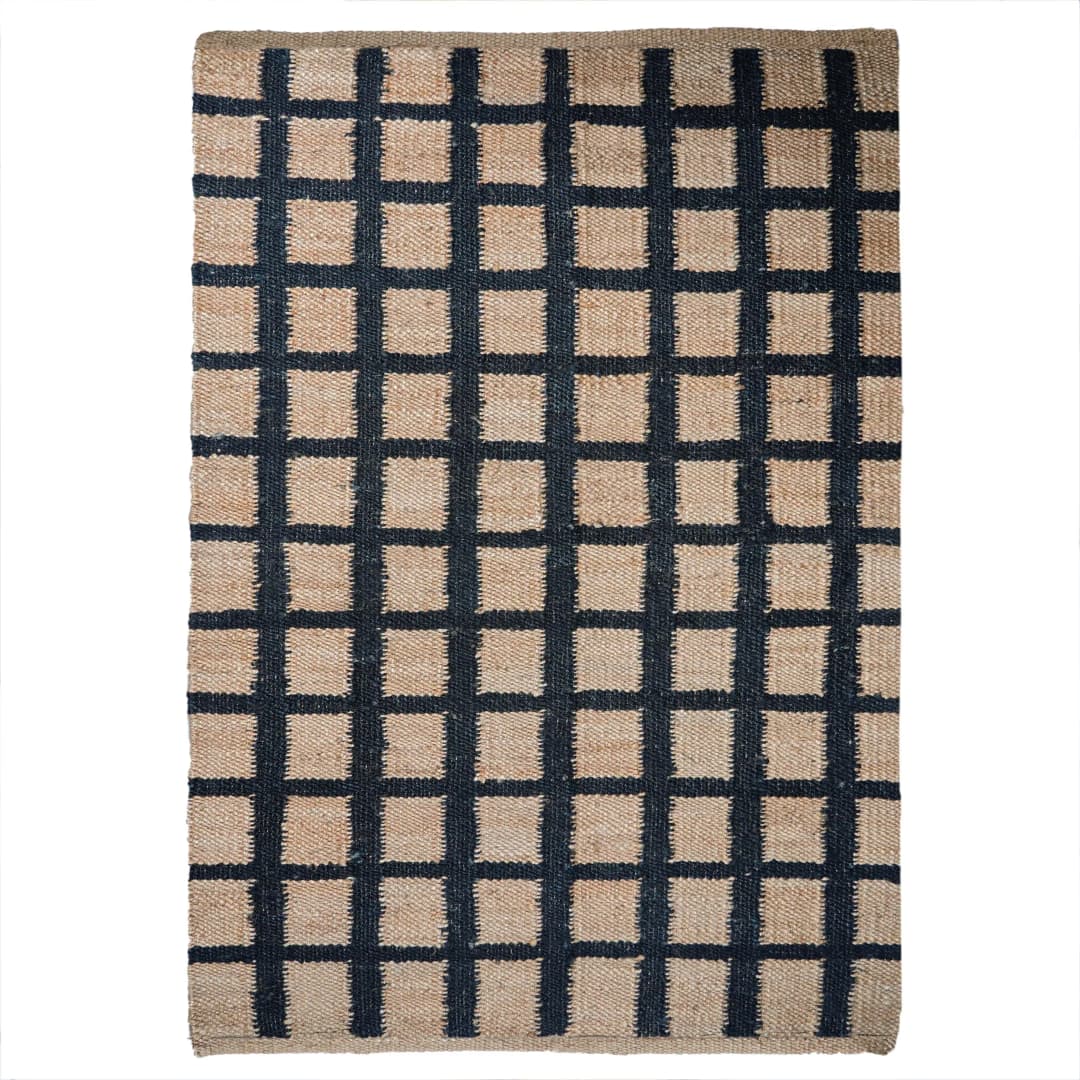 Handmade Hemp Rectangle Beige With Black Boxes Design Hemp Large Area Rug Vintage Jute Rug Traditional Dhurrie Rug Living Dining Table And Kitchen Decor Rug 