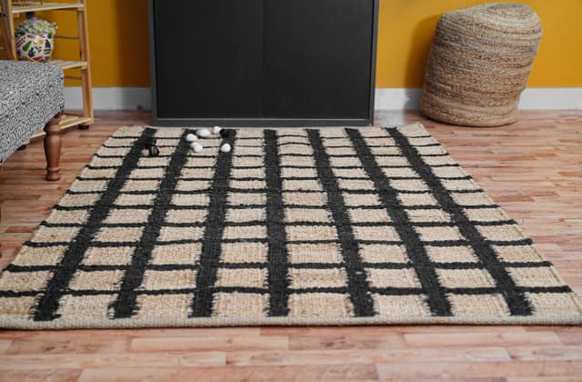 Handmade Hemp Rectangle Beige With Black Boxes Design Hemp Large Area Rug Vintage Jute Rug Traditional Dhurrie Rug Living Dining Table And Kitchen Decor Rug 