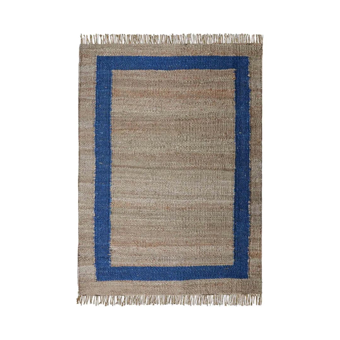 Handmade Natural Jute Hemp Rug With Blue Border Stair Decor Hemp Hand Loomed Handwoven Rugs Throw Carpet Home Decor Hemp Rug For Living Home Decor Rug 