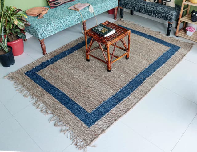 Handmade Natural Jute Hemp Rug With Blue Border Stair Decor Hemp Hand Loomed Handwoven Rugs Throw Carpet Home Decor Hemp Rug For Living Home Decor Rug 