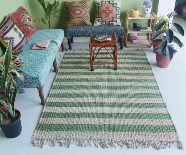 Handwoven Boho Decor Natural Hemp Jute Rug With Green Stripes Hemp Rug For Home and Living Interior Kitchen Decor Hemp Rug Vintage Jute Area Rug Eco Friendly Rug 