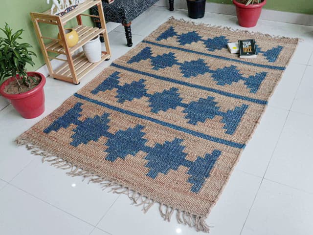 Handmade Beige Hemp Jute Rug With Blue Design Hemp Jute Rug with Fringes Jute Doormat Handmade Handwoven Area Rugs vintage area rug Home Decor Rug Vintage Large Area Rug 