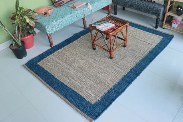 Indian Handmade Beige Hemp Rectangle Jute Rug With Blue Border Jute Rug Tufted Hemp Rug Moroccan Hemp Jute Rug Natural Fiber Hemp For Living Home Decorative Dhurrie Rug 