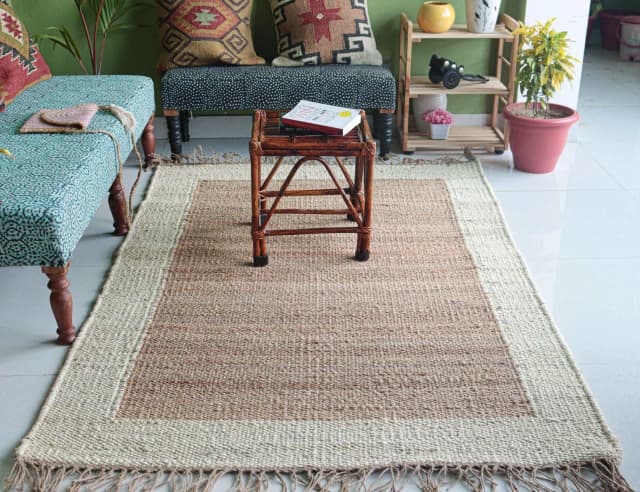 Handmade Natural Jute Hemp Rug With Off White Border Stair Decor Hemp Hand Loomed Handwoven Rugs Throw Carpet Home Decor Hemp Rug Fringes Jute Rug For Living Room