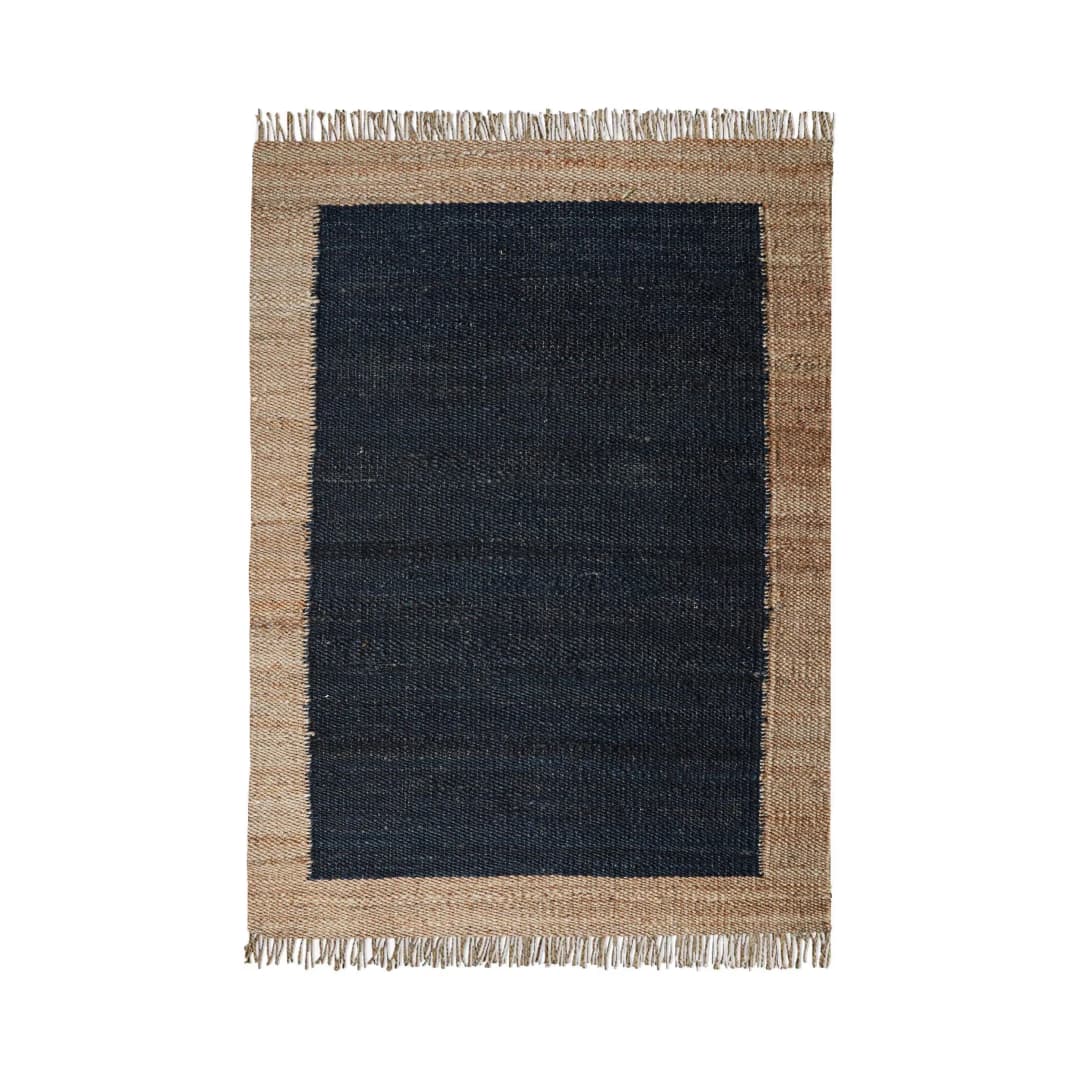 Black Rectangle Hemp Jute Rug Handwoven Large Area Rug Vintage Large Dhurrie Rug Natural Fringes Jute Rug Beige Border Jute Rug For Living Home Decorative Jute Rug  