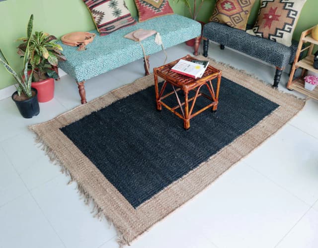 Black Rectangle Hemp Jute Rug Handwoven Large Area Rug Vintage Large Dhurrie Rug Natural Fringes Jute Rug Beige Border Jute Rug For Living Home Decorative Jute Rug  