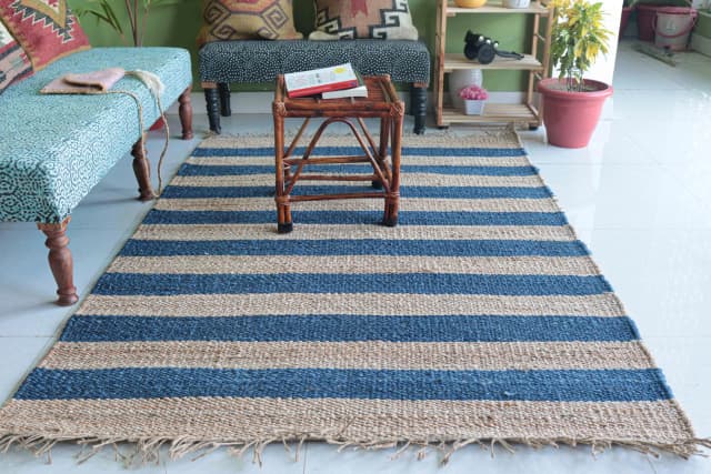 Indian Handmade Beige Hemp Jute Rug With Blue Stripes Beautiful Home and Living Decor Hemp Carpet Hemp Rug for Bedroom Decor Jute Large Area Rug Living Decor Rug Fringes Jute Rug 