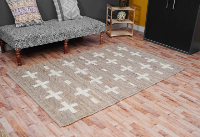 Hand Loomed Natural Jute Hemp Rug With White Plus Design Rug Handwoven Hemp Jute Rug for Eco-Friendly Home Decor Rug Table Hemp Runner Jute Rug Moroccan Rug 