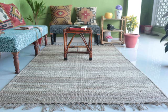 Indian Handwoven Hemp Large Area Decor Rug Natural Hemp With White Stiped Line Rug Fringes Jute Rug Vintage Decor Rug Living Room Rug Traditional Jute Rug 