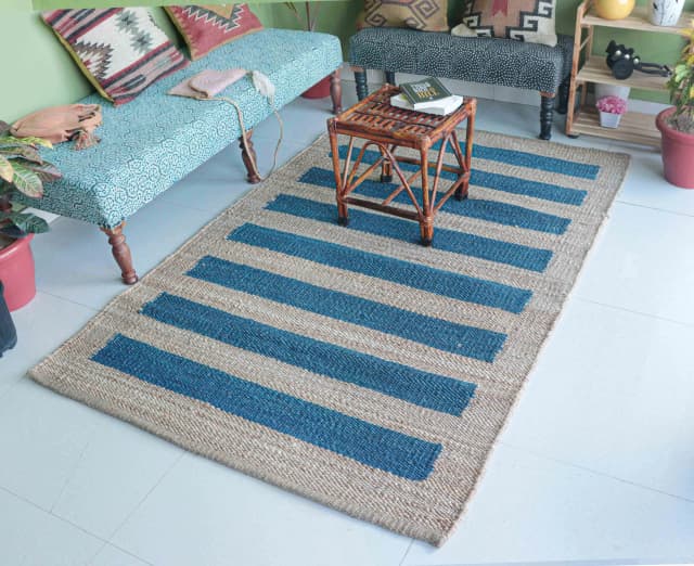 Indian Handmade Beige Jute Hemp Rug With Blue Stripes Home and Living Decor Hemp Rug Hemp Rug for Bedroom Kitchen Decor Hemp Large Area Hemp Dhurrie Rug 